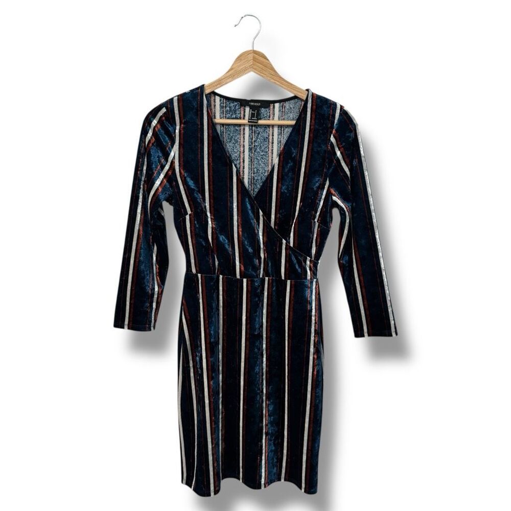 Forever 21 Velour Vertical Stripe Mini Dress Faux Wrap Long Sleeve Size Small